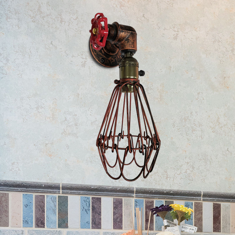 Vintage Metal Wall Lamp with Valve Deco - Conical Cage Sconce Light Fixture