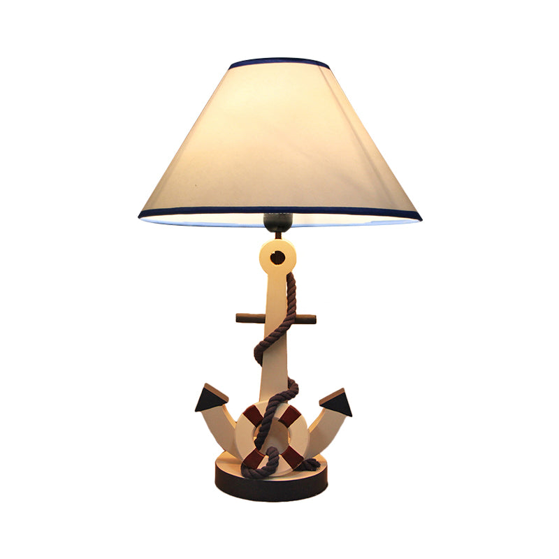 Lampe de table en bois pour enfants – Bouée de sauvetage/gouvernail, lampe de chevet bleue à 5 lumières avec abat-jour conique en tissu