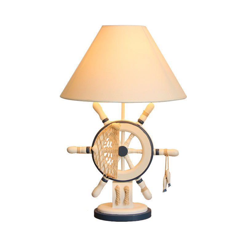 Lampe de table en bois pour enfants – Bouée de sauvetage/gouvernail, lampe de chevet bleue à 5 lumières avec abat-jour conique en tissu