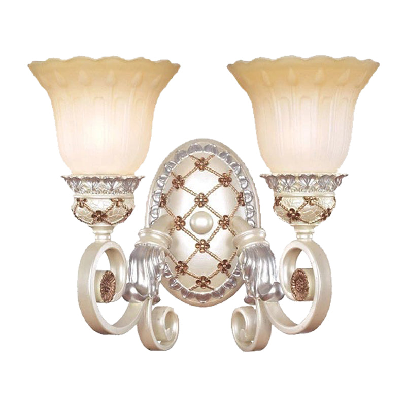 French Country Blossom Wall Sconce - Opaline Glass Lighting with Swirl Arm in Gold