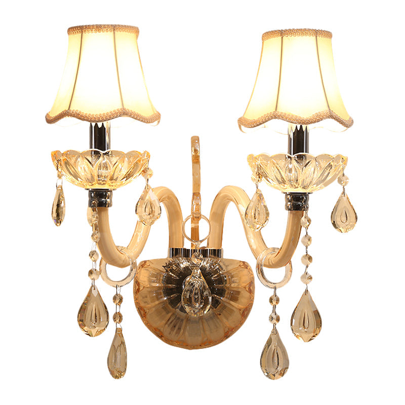 Traditional Amber Glass Candle Wall Sconce with Scalloped Fabric Shade - Bedroom Lighting