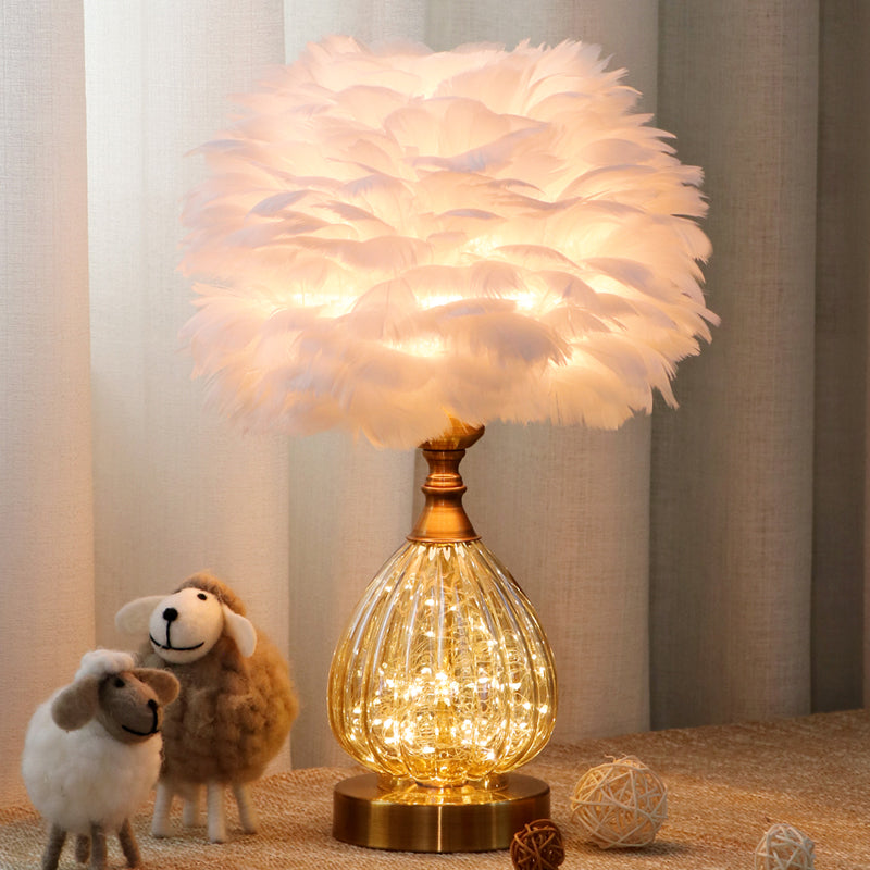 Modernist White Feather Night Table Lamp with Tapered Base - 1 Light Desk Light