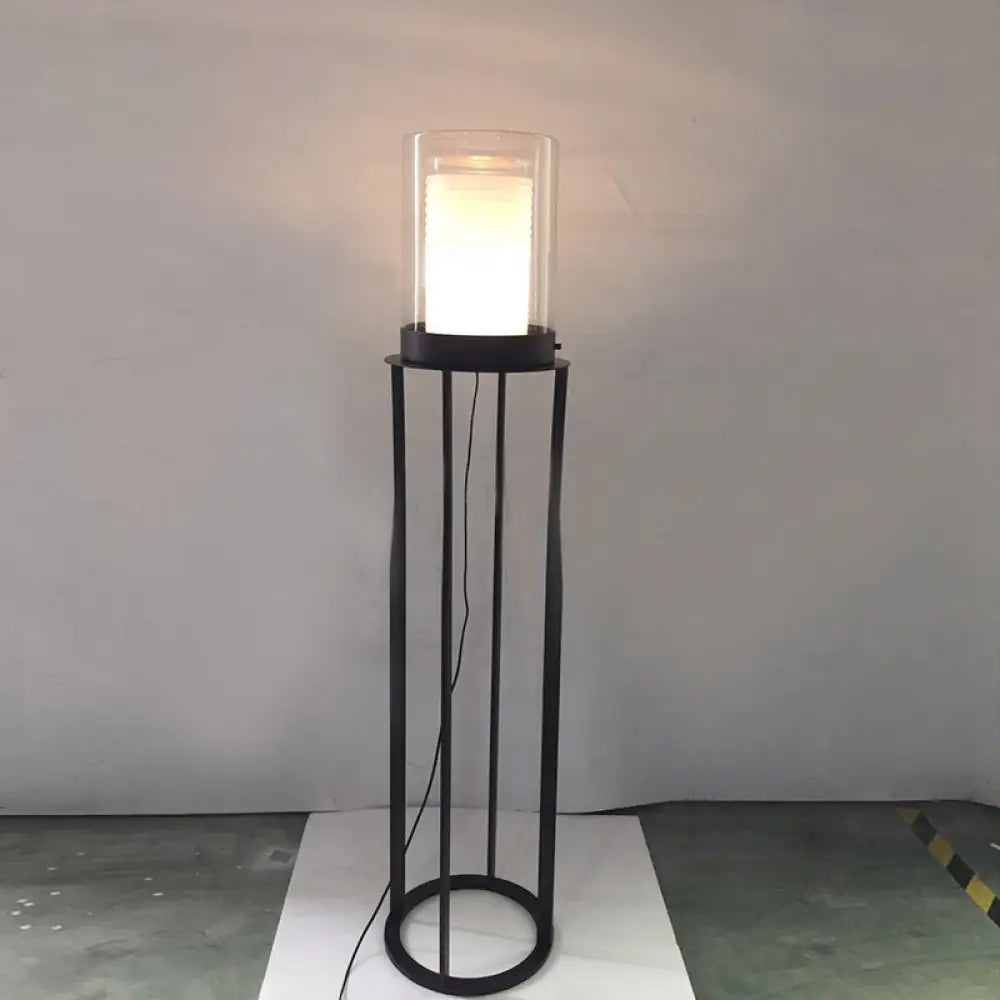 Stylish LED Floor Lamp - Black Dual Cylinder Stand with Glass Shade - Perfect for Living Room