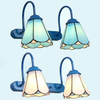Tiffany Conical Vanity Lighting Fixture 2 Heads White/Blue Glass Wall Mounted Light for Bathroom