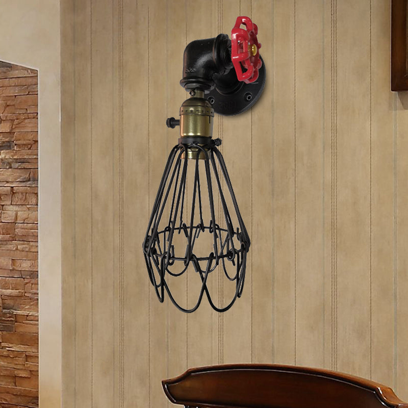 Vintage Metal Wall Lamp with Valve Deco - Conical Cage Sconce Light Fixture