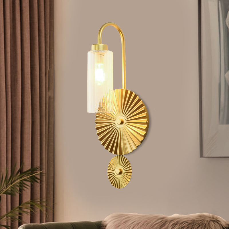 Mid Century Brass Gooseneck Wall Lamp with Glass Shade - Iron Sconce Lighting