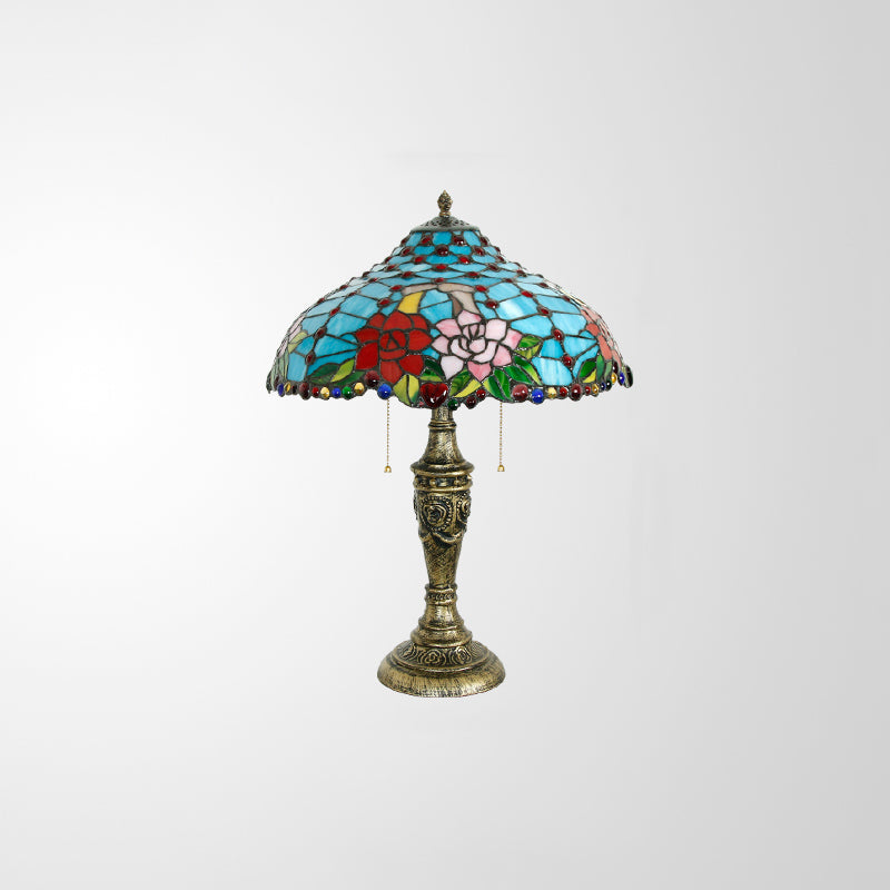 Tiffany Stained Glass Blue Table Lamp with Pull Chain - Rose Pattern, 3 Heads, Nightstand Lighting