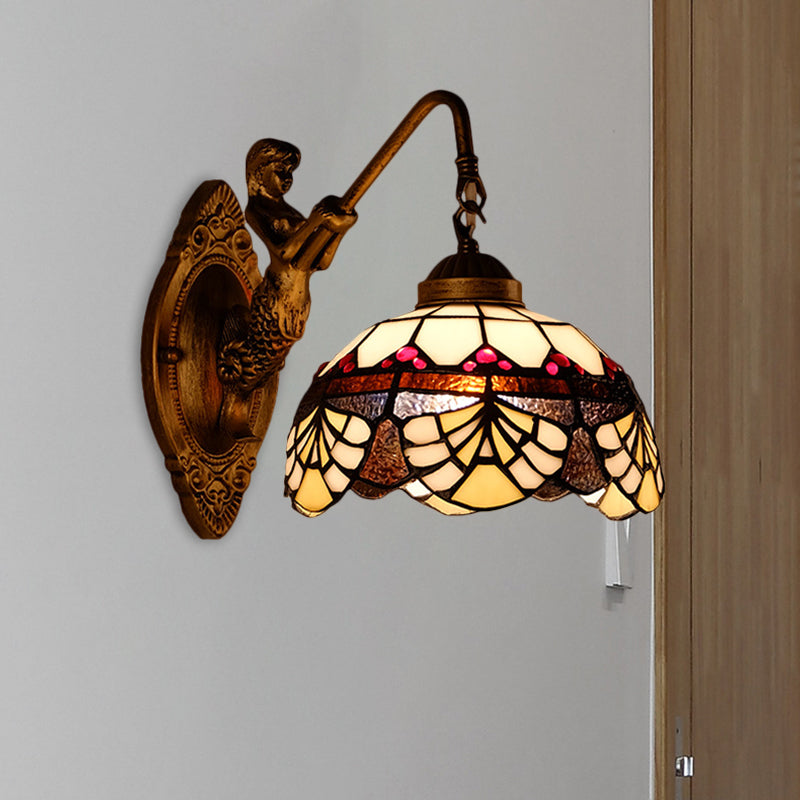 Tiffany Gold Cut Glass Wall Sconce with Scalloped Dome and Mermaid Arm