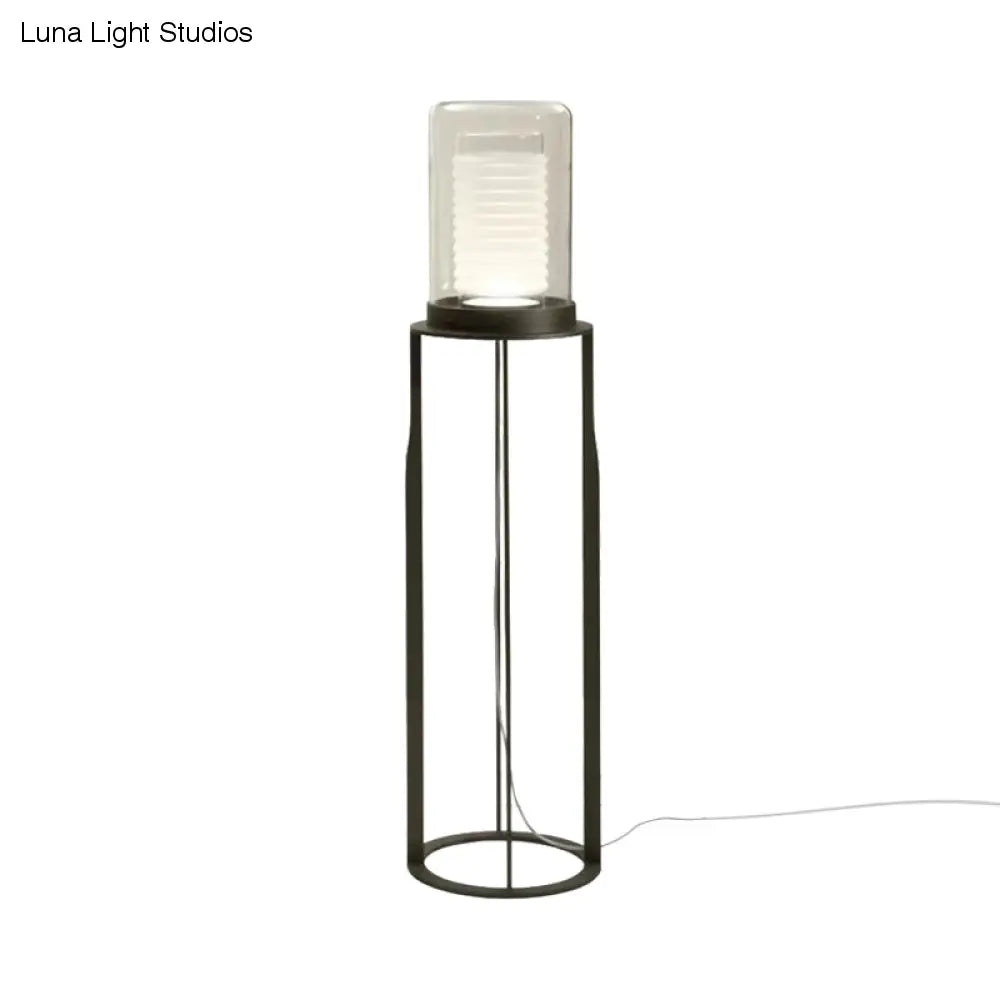 Stylish LED Floor Lamp - Black Dual Cylinder Stand with Glass Shade - Perfect for Living Room