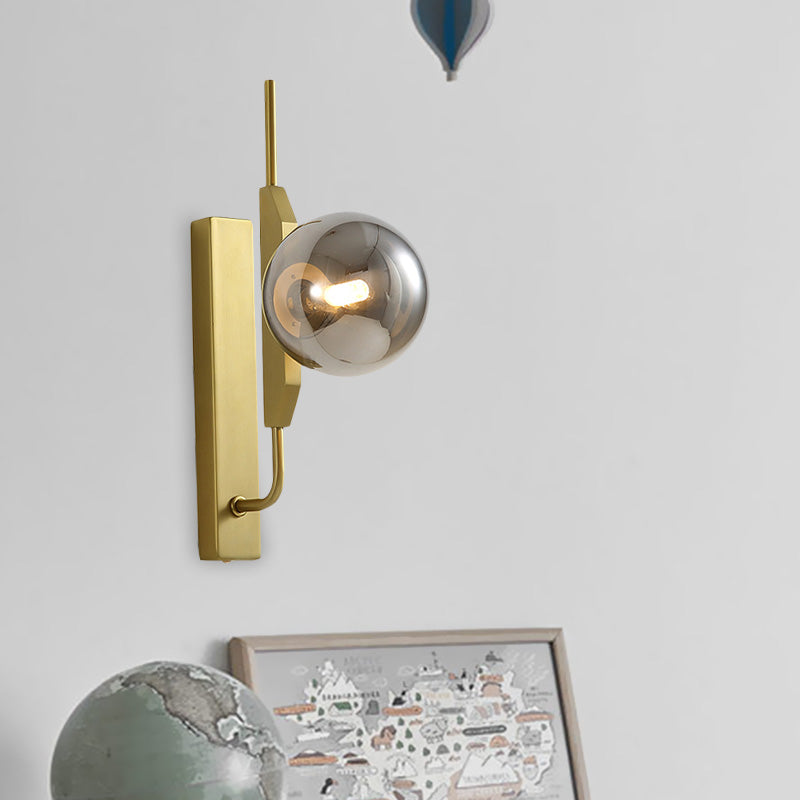 Gold Wall Sconce with White/Amber/Smoke Gray Glass Orb - Modern Bedroom Light Fixture