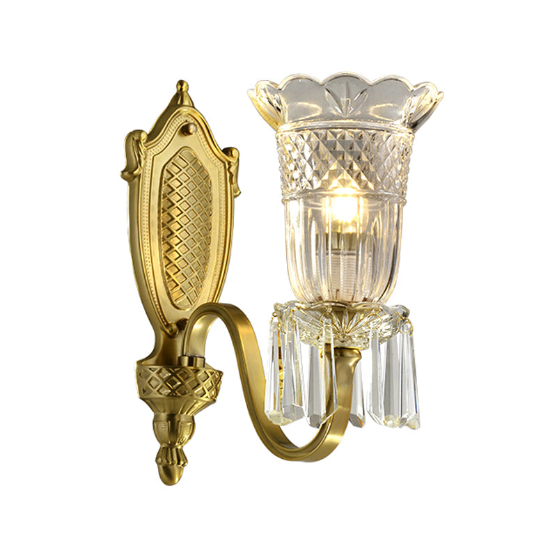 Vintage Floral Wall Light with Clear Crystal Glass Shade in Gold - 1 Light, Wall Mounted Lamp