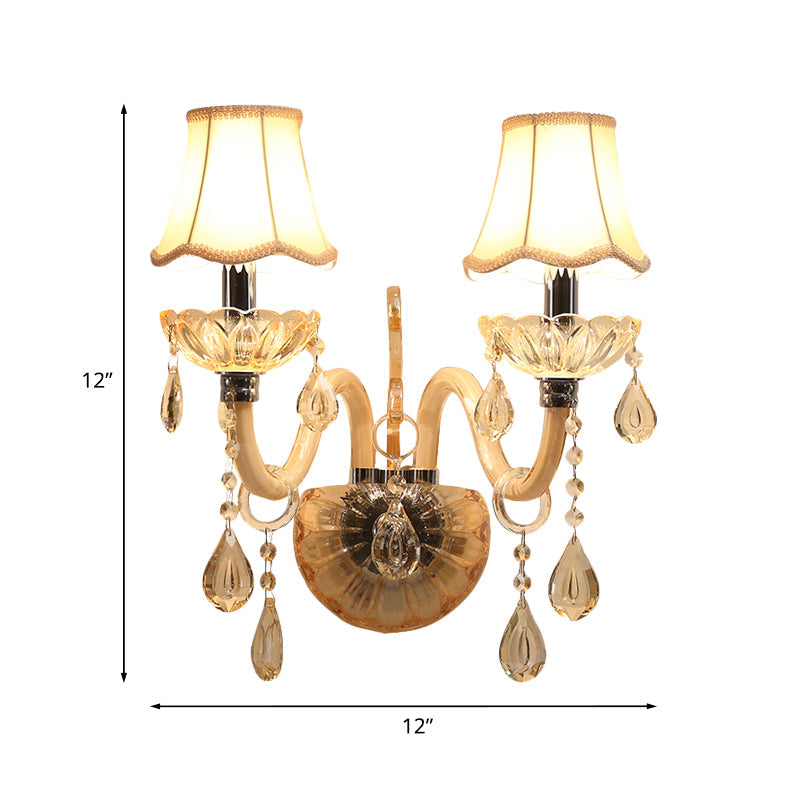 Traditional Amber Glass Candle Wall Sconce with Scalloped Fabric Shade - Bedroom Lighting