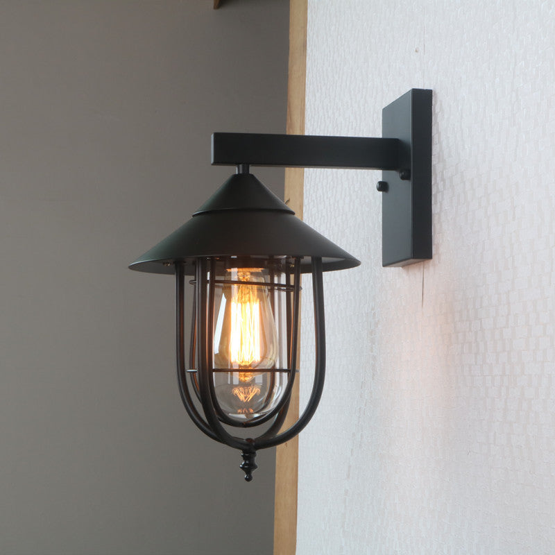 Vintage Metal Wall Mounted Sconce with Clear Glass Shade - Wire Cage Outdoor Lamp, Black Finish