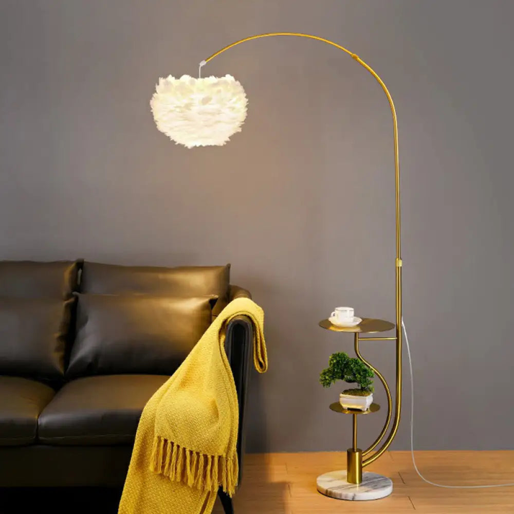 Modern Hemisphere Floor Lamp with Feather Shade and Tray – Stylish Living Room Lighting