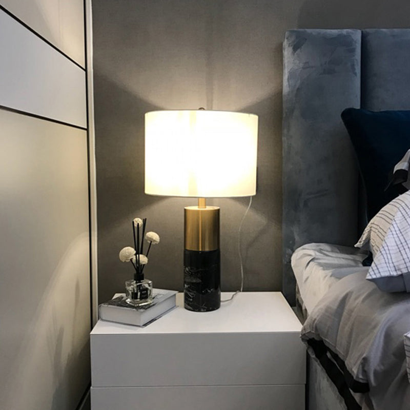Nordic Style Marble Table Lamp with Fabric Shade - Cylindrical Design, 1 Bulb, Black Nightstand Lighting
