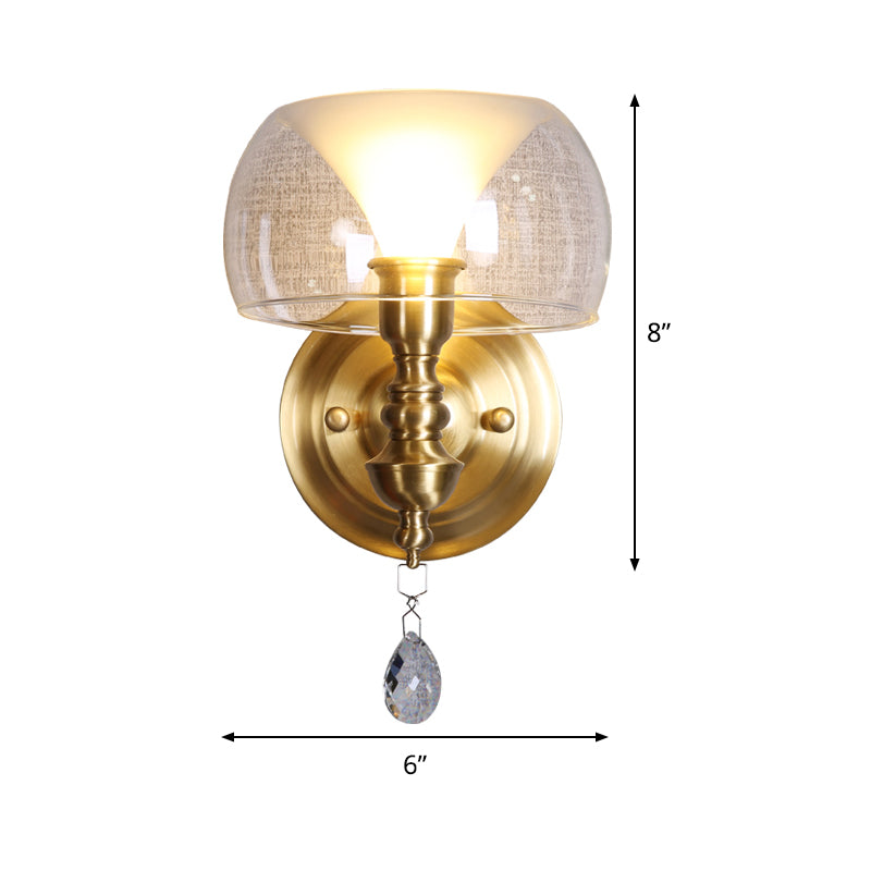 Mid Century Glass Wall Sconce with Brass Base and Crystal Droplet - Perfect for Small Spaces
