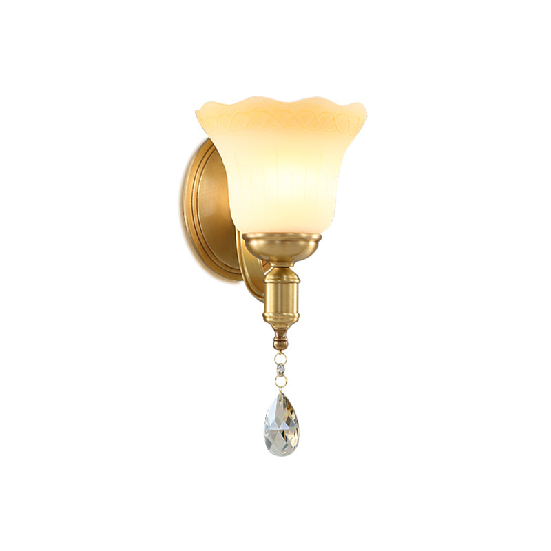 Retro Style 1/2-Head Gold Wall Lamp with Crystal Drop - Blossom Opaque Glass Wall Lighting