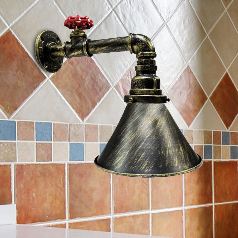 Vintage Industrial Iron Bronze Sconce with Red Valve Deco - 1-Head Wall Lamp Fixture