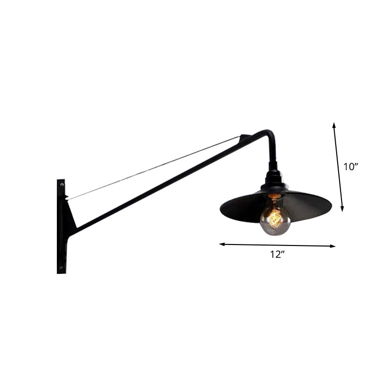 Metallic Wide Flared Wall Lamp: Antiqued 1 Light Coffee Shop Lighting in Black with Long Arm