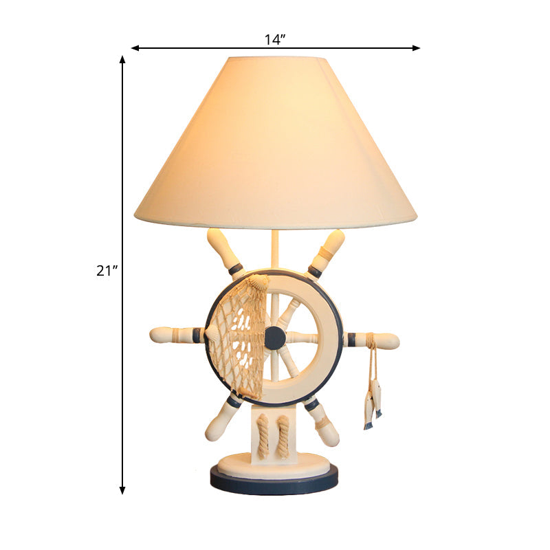 Lampe de table en bois pour enfants – Bouée de sauvetage/gouvernail, lampe de chevet bleue à 5 lumières avec abat-jour conique en tissu