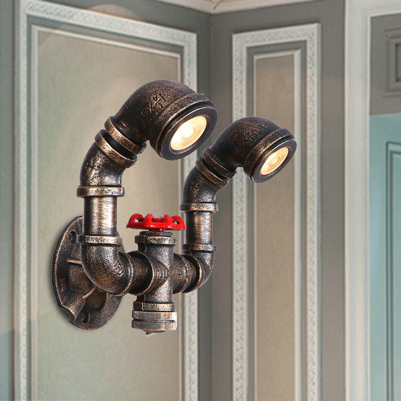 Farmhouse Water Pipe Iron Wall Lamp in Bronze with Red Valve Deco - 1/2-Bulb Sconce Light Fixture