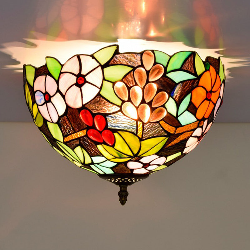Flower Ceiling Lighting Tiffany Brass Flush Mount Light for Hallway - 2/3 Lights, 12