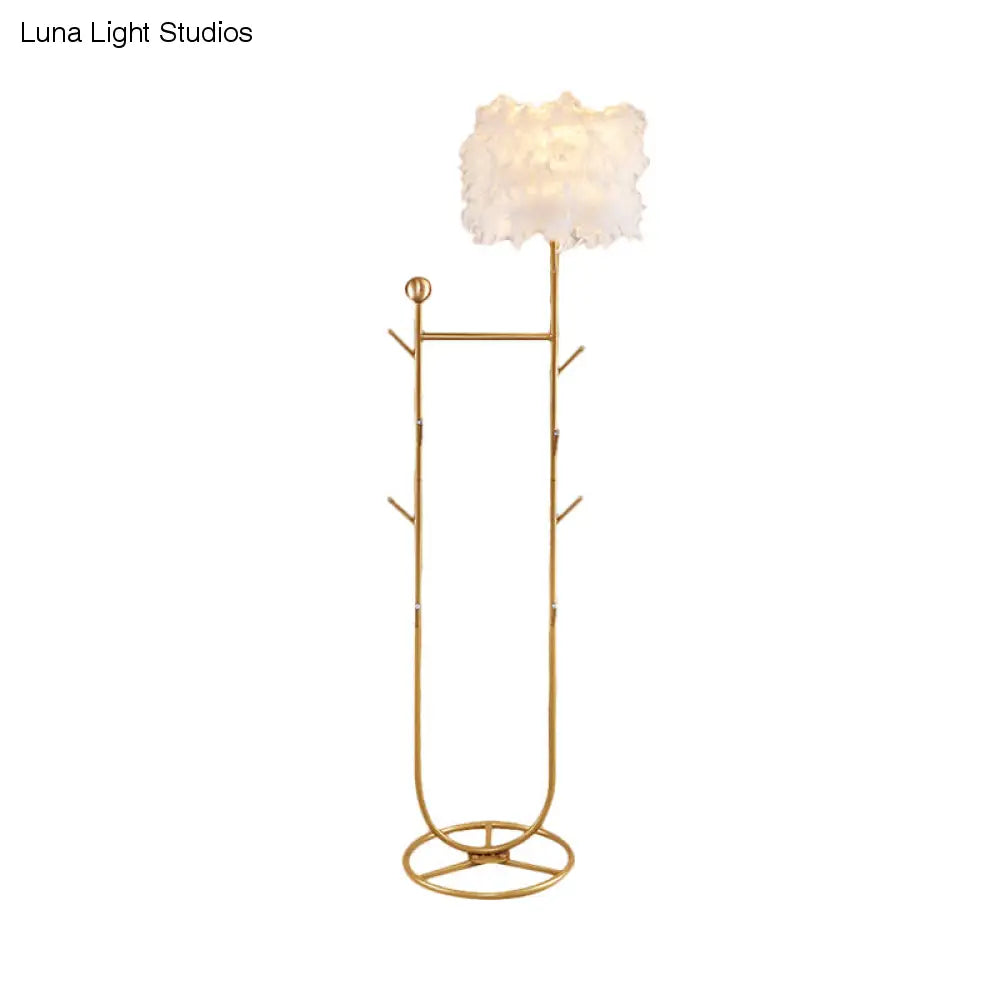 U-Shape Metallic Tree Floor Lamp, 1-Light Black/Gold Finish with Feather Shade - Simple and Stylish Lighting