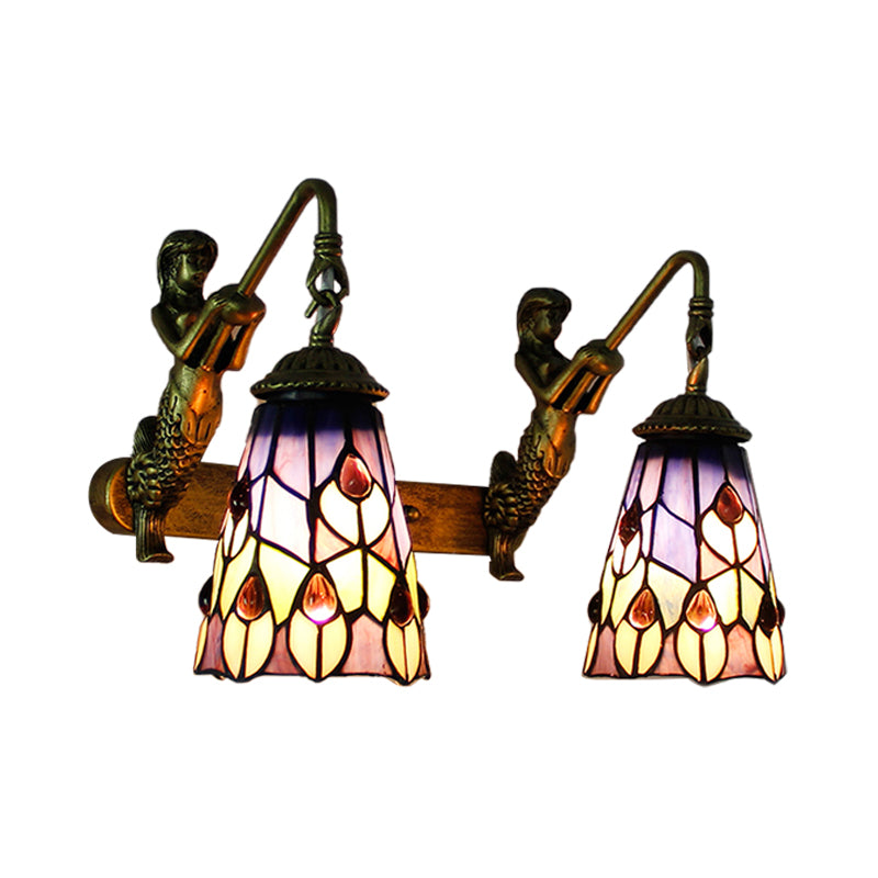 Meerkleurig glas-in-lood Tiffany uitlopende wandmontagelamp - 2-koppige gang met pauwstaart/bloempatroon