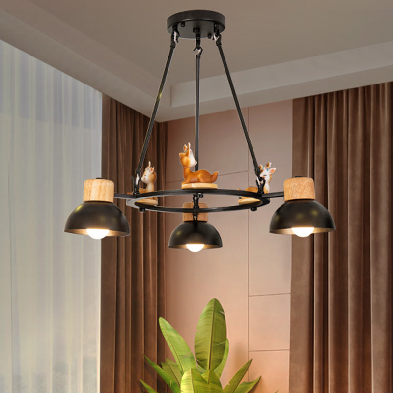 Lustre suspendu en forme de dôme pour enfants : éclairage à suspension en métal à 3/6 lumières avec décor de cerf/cheval en noir/blanc