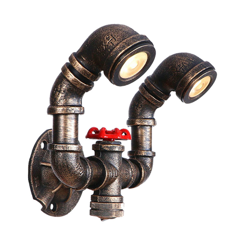 Farmhouse Water Pipe Iron Wall Lamp in Bronze with Red Valve Deco - 1/2-Bulb Sconce Light Fixture