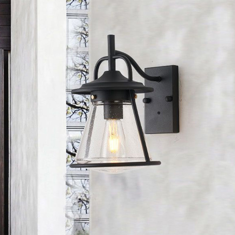 Industrial Black Wall Sconce with Seeded Glass and Cone Shade - Outdoor Lighting