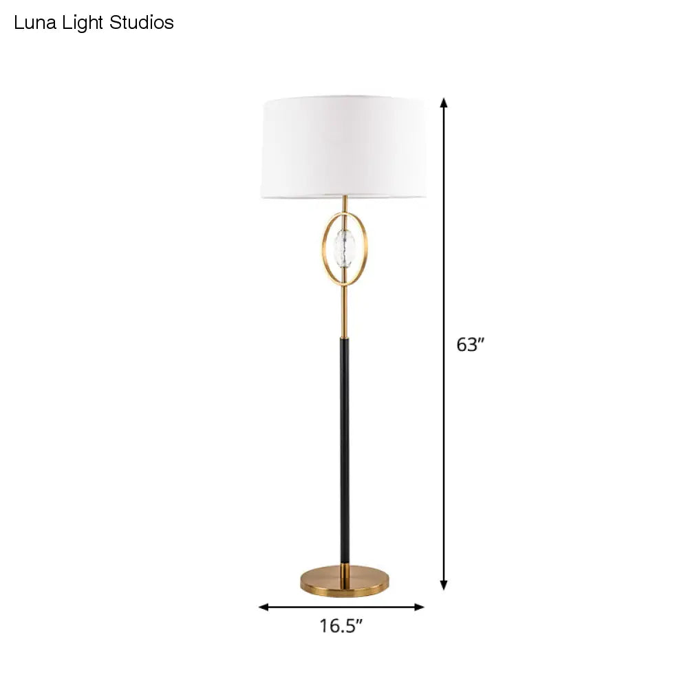 Classic Metal Floor Lamp with Ring Frame Shade, Barrel Fabric Shade, and Crystal Accent