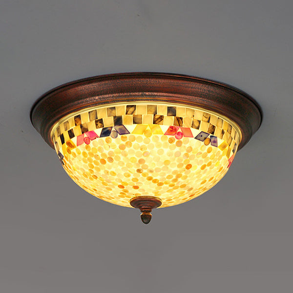 Beige Round Flushmount Lodge Stained Glass Ceiling Light Fixture with Floral/Geometric Elements