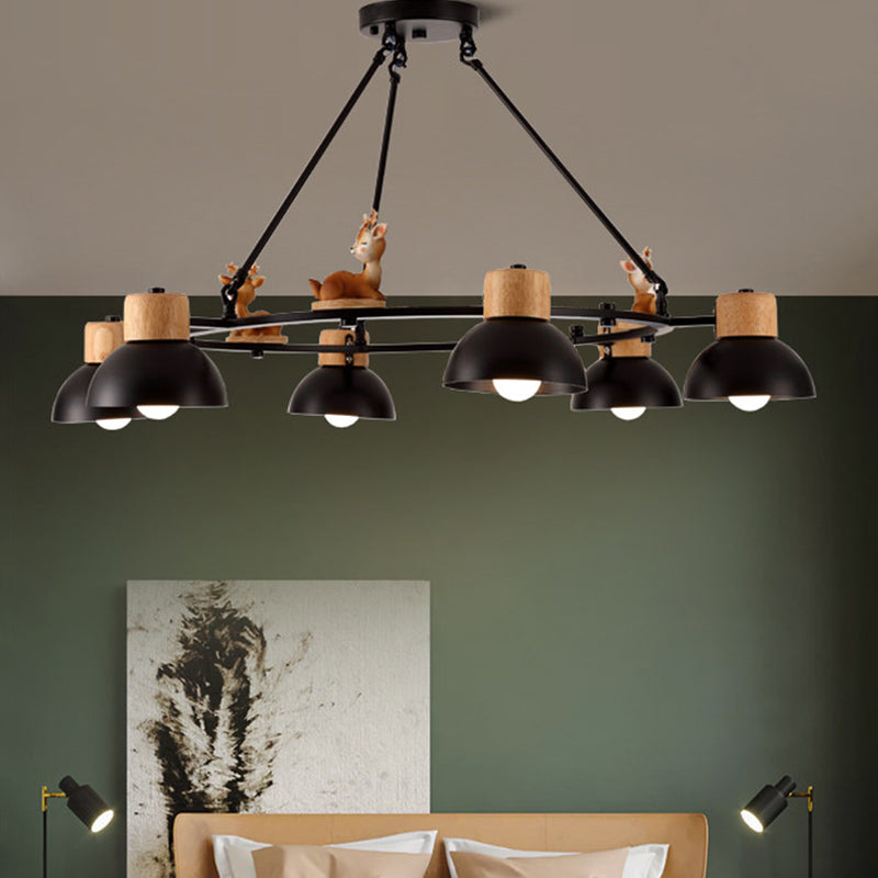 Lustre suspendu en forme de dôme pour enfants : éclairage à suspension en métal à 3/6 lumières avec décor de cerf/cheval en noir/blanc