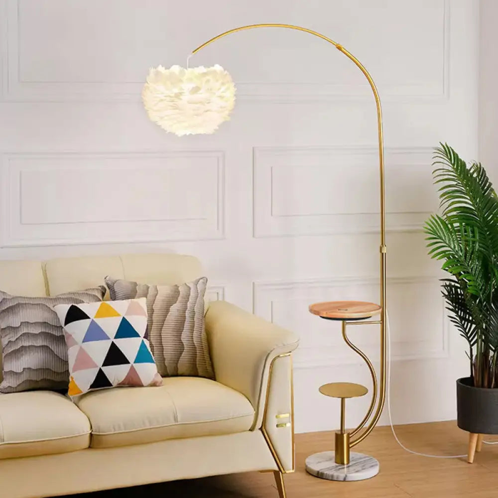 Modern Hemisphere Floor Lamp with Feather Shade and Tray – Stylish Living Room Lighting
