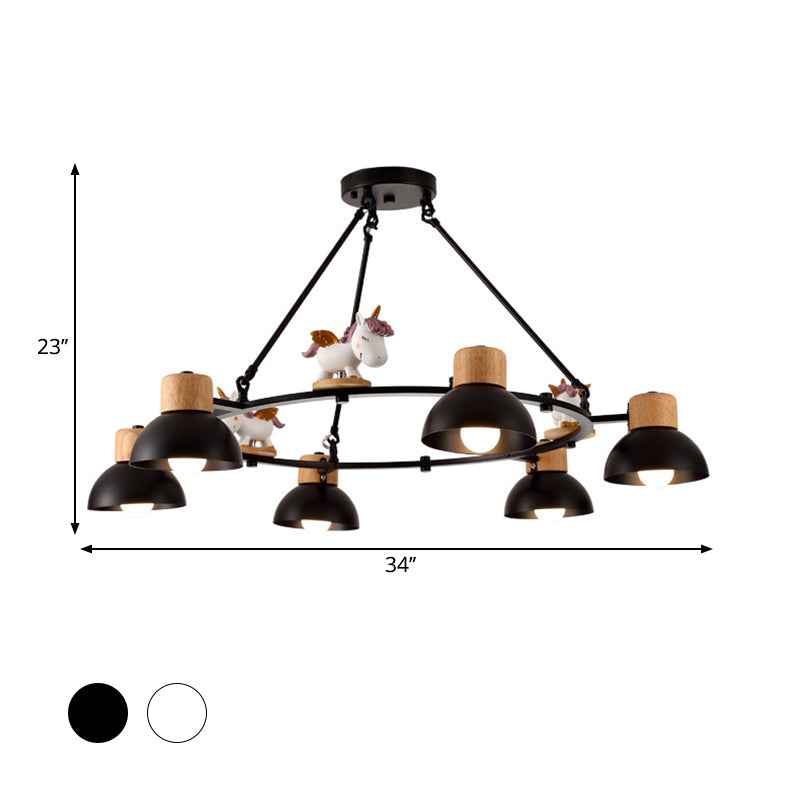 Lustre suspendu en forme de dôme pour enfants : éclairage à suspension en métal à 3/6 lumières avec décor de cerf/cheval en noir/blanc