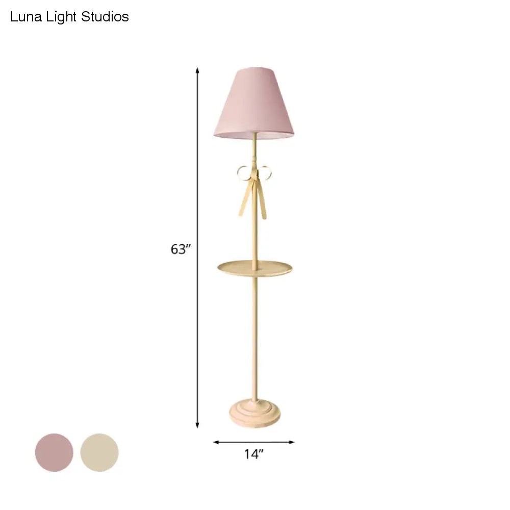Kids' Pink/Yellow Conical Standing Floor Light with Pleated Fabric Shade and Table - 1 Bulb