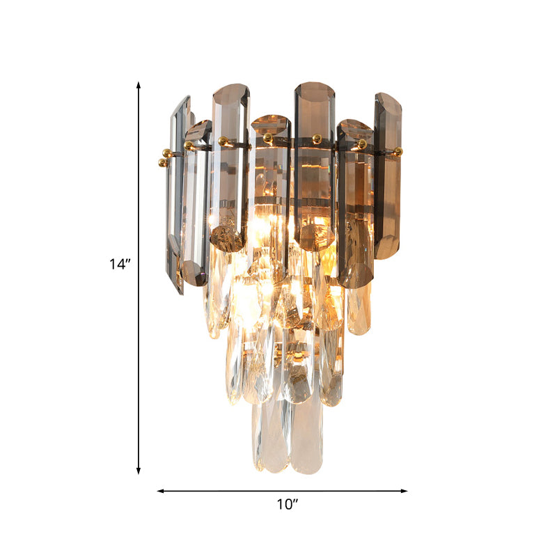 Modern Tiered Clear and Smoke Grey Crystal Wall Sconce & Light Fixture
