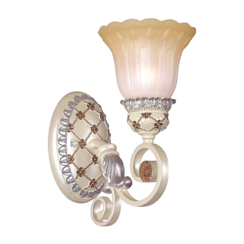French Country Blossom Wall Sconce - Opaline Glass Lighting with Swirl Arm in Gold