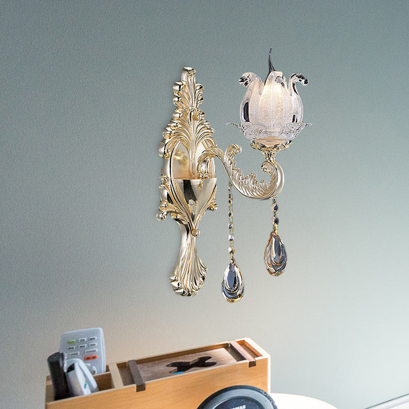 Traditional Gold Semi-Open Flower Frosted Glass Sconce for Living Room Wall.