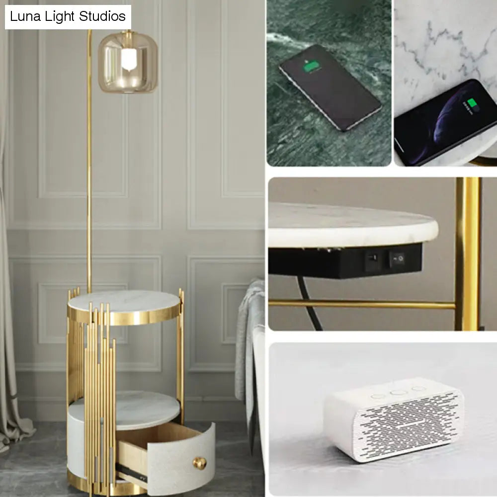 Modern Glass Cylinder Floor Lamp with Table, Drawer and Gooseneck Design