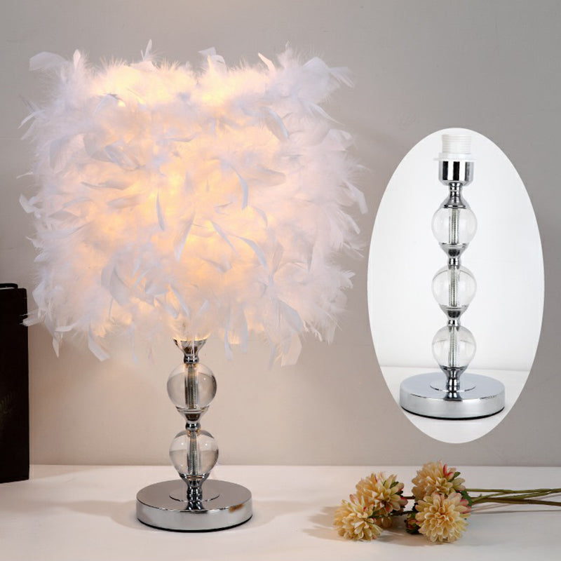 Artistic Feather Cylinder Nightstand Lamp - Nickel Table Lighting for Bedroom