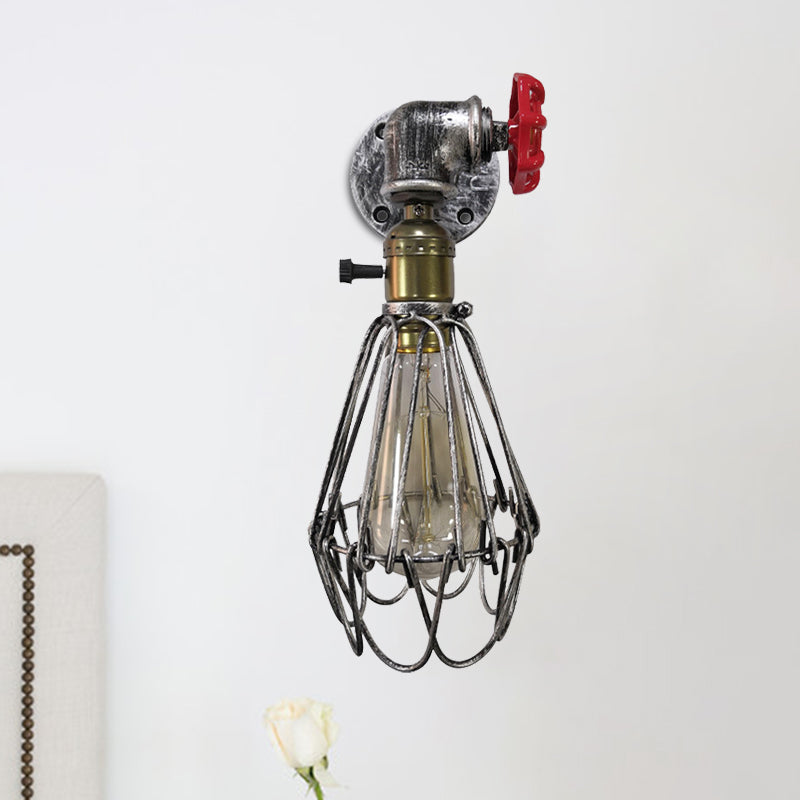 Vintage Metal Wall Lamp with Valve Deco - Conical Cage Sconce Light Fixture