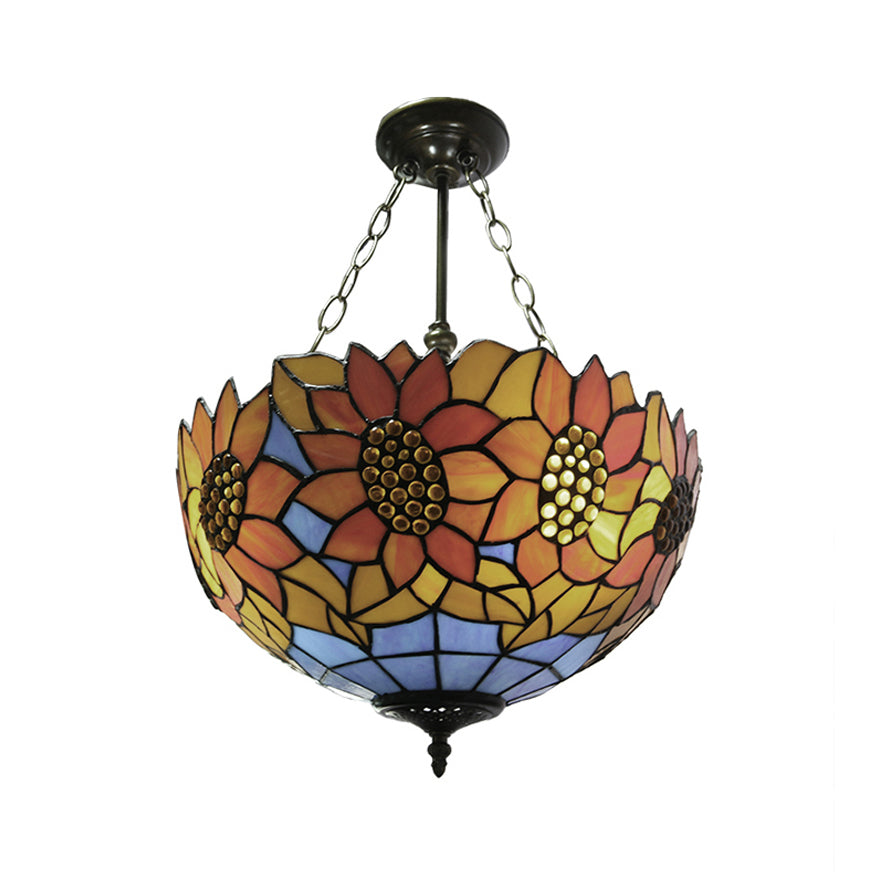 Sunflower Stained Glass Ceiling Light - Rustic Tiffany Style in Orange - 12