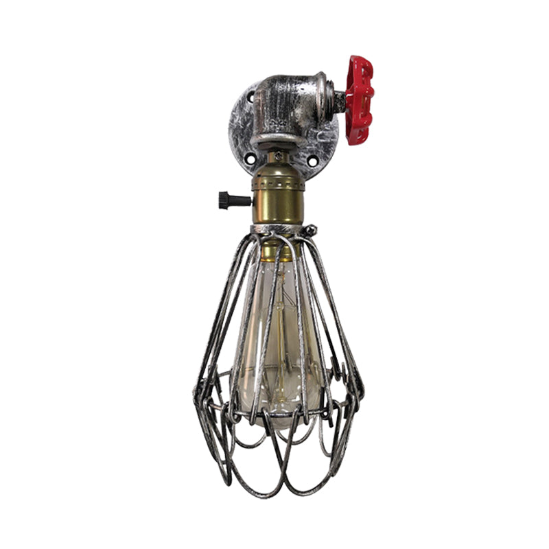 Vintage Metal Wall Lamp with Valve Deco - Conical Cage Sconce Light Fixture
