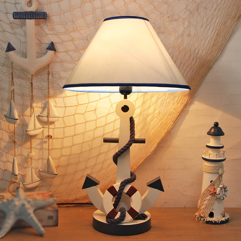 Lampe de table en bois pour enfants – Bouée de sauvetage/gouvernail, lampe de chevet bleue à 5 lumières avec abat-jour conique en tissu