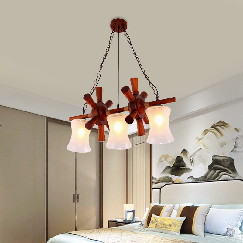 Classic Cream Crackle Glass 3-Light Brown Pendant Light Kit for Dining Room Island with Flared Design and Wood Rudder Deco