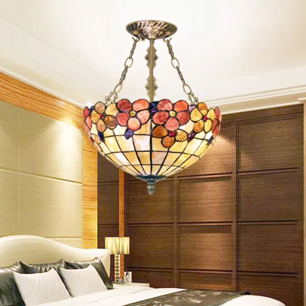 Scalloped Shade Semi Flush Stained Glass Ceiling Light Retro Style, 12