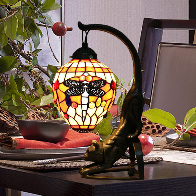 Baroque Style Dragonfly Desk Lamp with 1 Light - Red/Green Cat Table Light for Bedroom