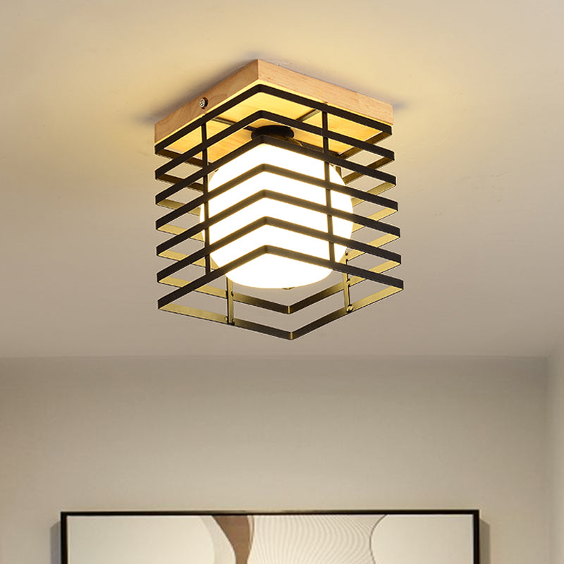 1-Light Black/White Metal Square Flush Mount Pendant Fixture for Corridor Ceiling